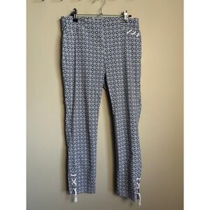 Robell Womens Blue Geometric Rose 09 Pants 10 Stretch Ankle Lace Up Preppy Chic